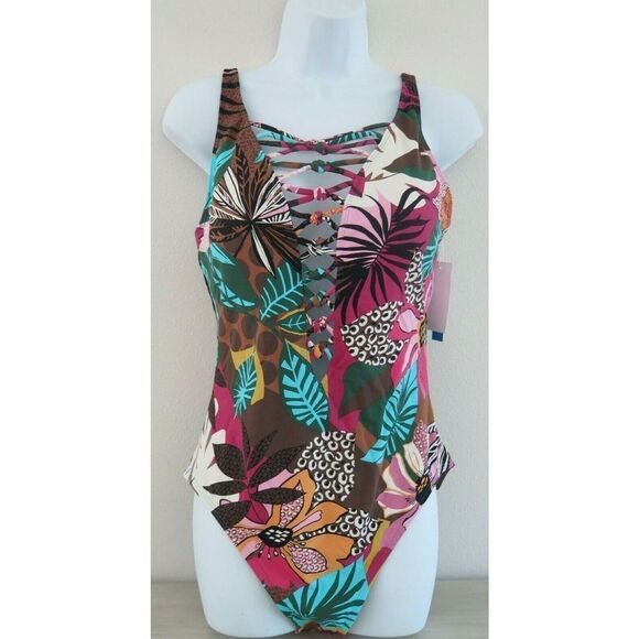 Bleu Rod Beattie Women's Sz 12 Multicolor Run Wild Lace Down 1-Pc Swimsuit $129+ - Picture 1 of 7